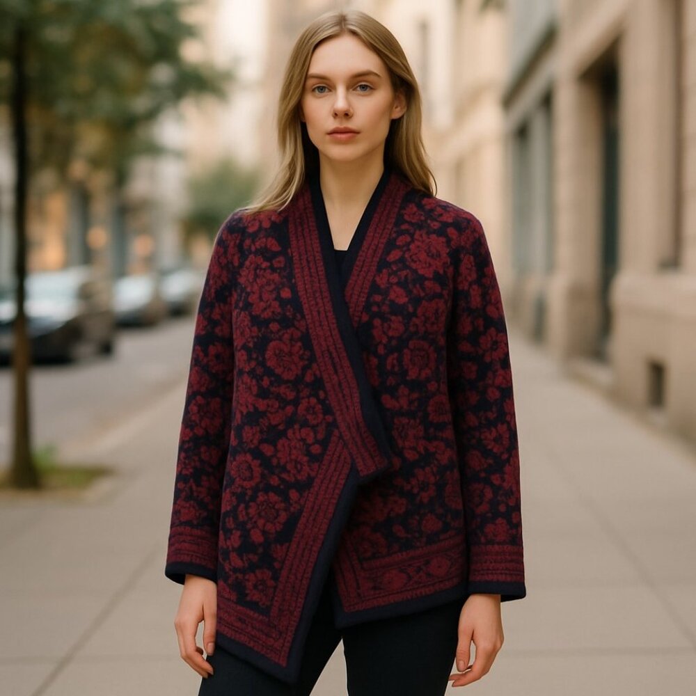 NWT LUCKY BRAND Aztec Print Shawl Collar Open Front Long Cardigan Small
